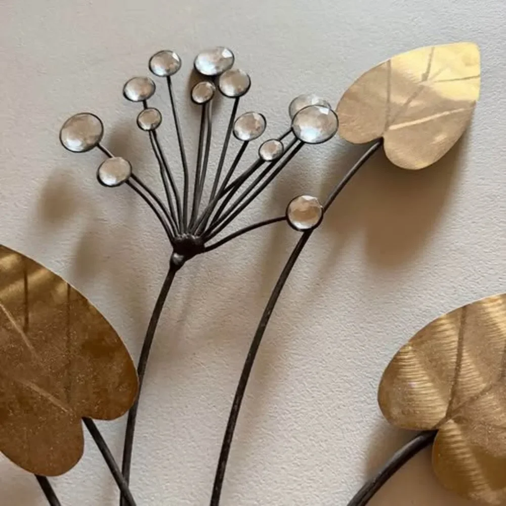 Metal Floral Wall Art with Gold Leaves and Crystal Accents